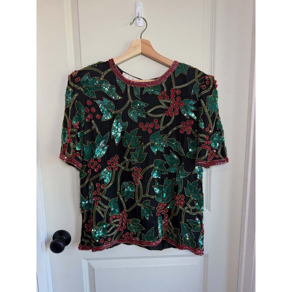 Laurence Kazar Vintage Beaded Silk Blouse Black Holly Berry Sequin Top Large